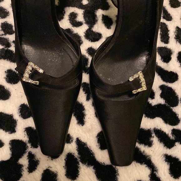 Vera Wang Black Satin D’Orsey Heels with Rhinestone Buckles - Picture 2 of 6